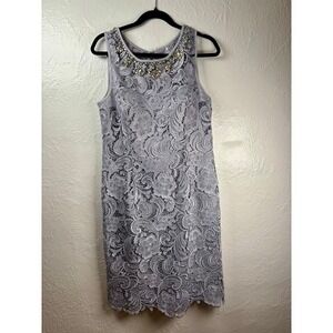Adrianna Papell Lace Sheath Dress Womens 14 Lavender Grey Embellished Wedding